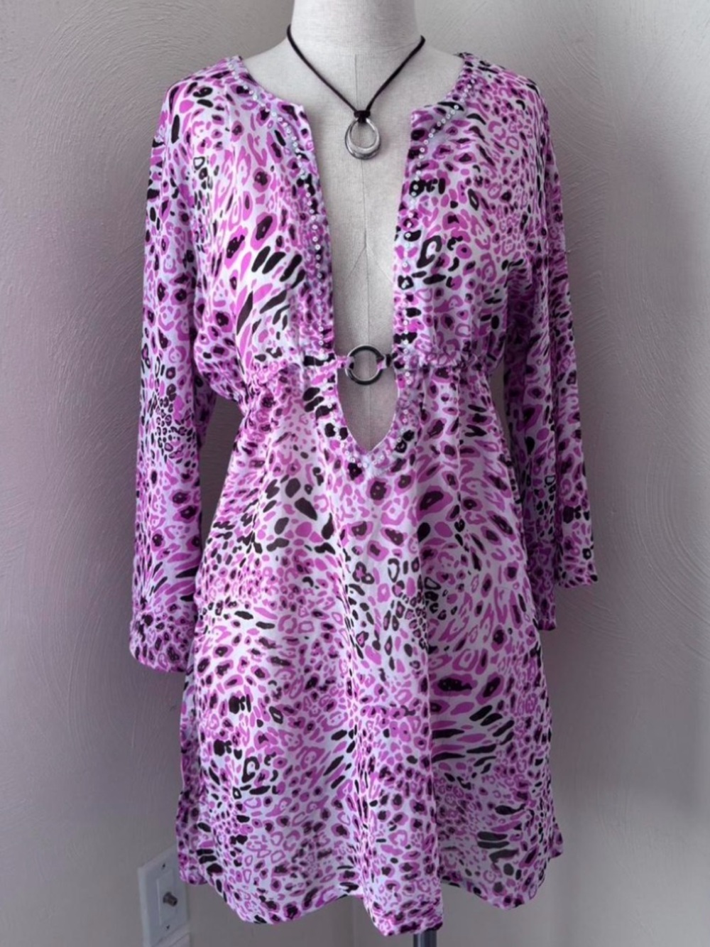 Y2K Sheer Cheetah Pink and Black Mini Cover Up Dress